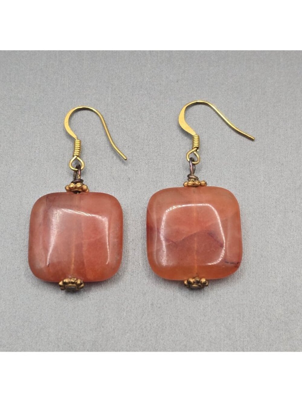 VTG Carnelian Dangle Earrings 1.75" Mixed Metal Floral Caps Bohemian Statement - Picture 7 of 13